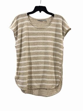 Athleta Beige Striped 100% Linen Short Sleeve Top SZ XL Lightweight Casual